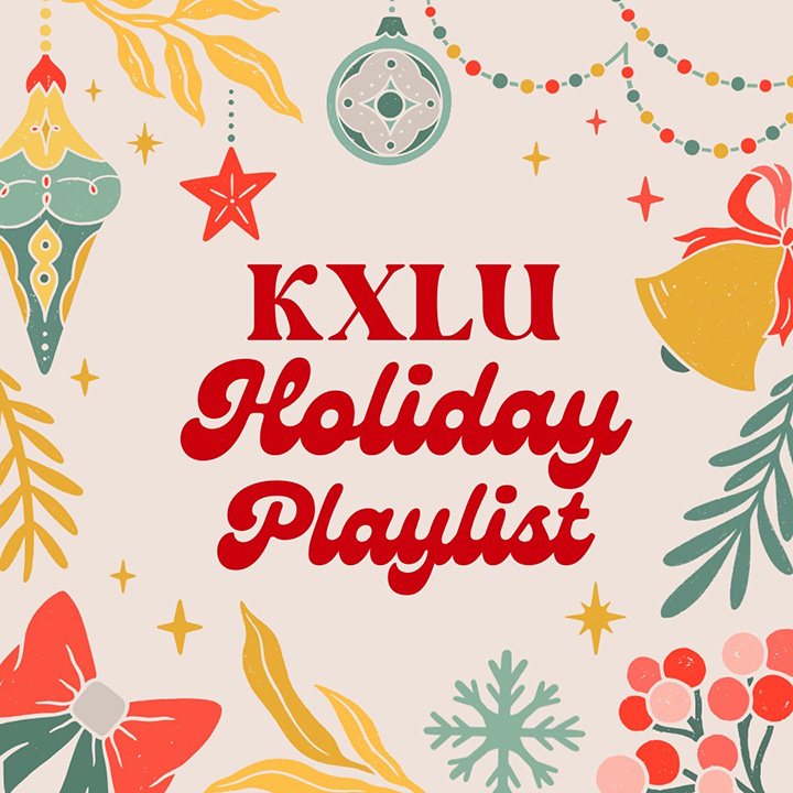 Various illustrated Christmas ornaments around the words KXLU Holiday Playlist